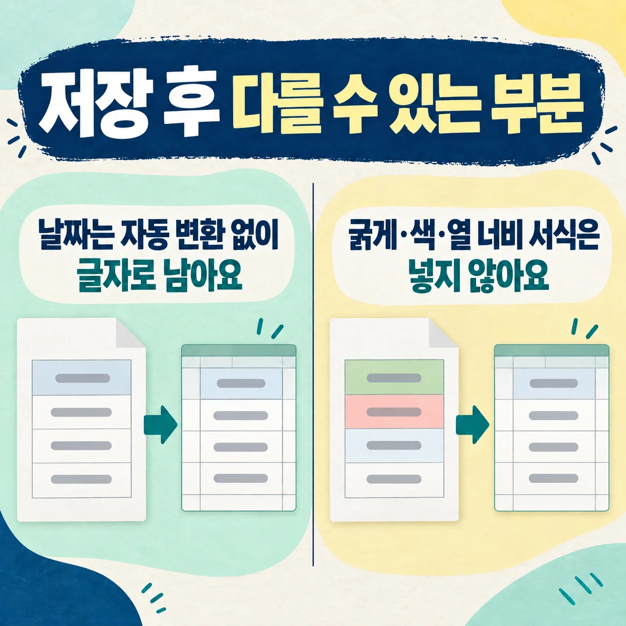 저장한 엑셀 파일에서 서식과 날짜가 원래 표와 다르게 보일 수 있는 부분